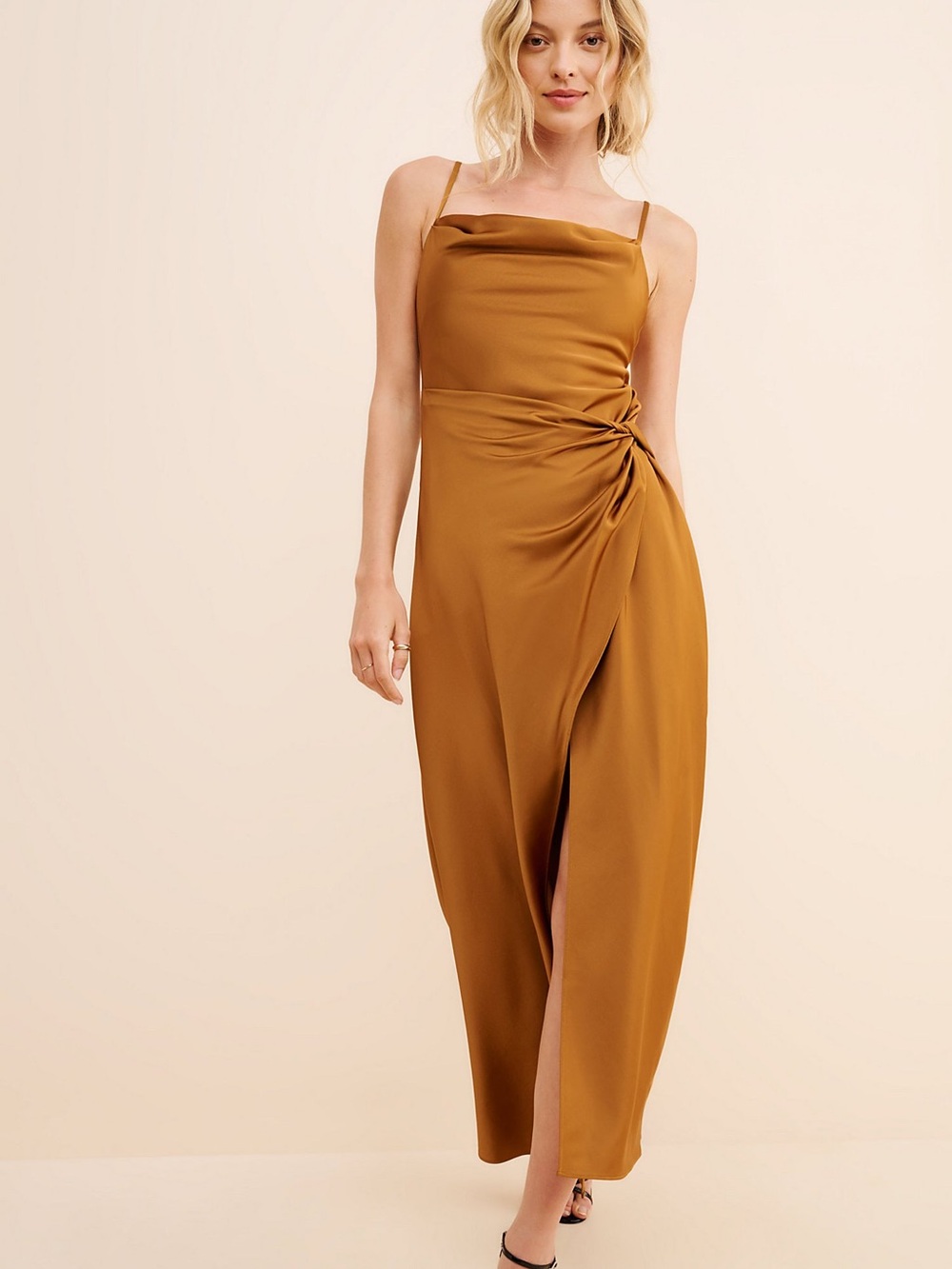 Significant Other Esme Satin Maxi Dress Brown Cowl Neck Draped Slit US 8